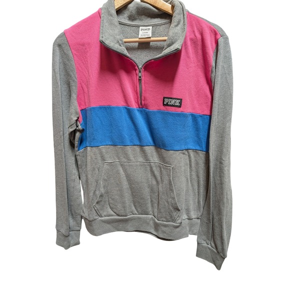 PINK Victoria's Secret Tops - PINK Victoria's Secret Quarter Zip Women M Gray Pink Blue Good Colorblock Fleece
